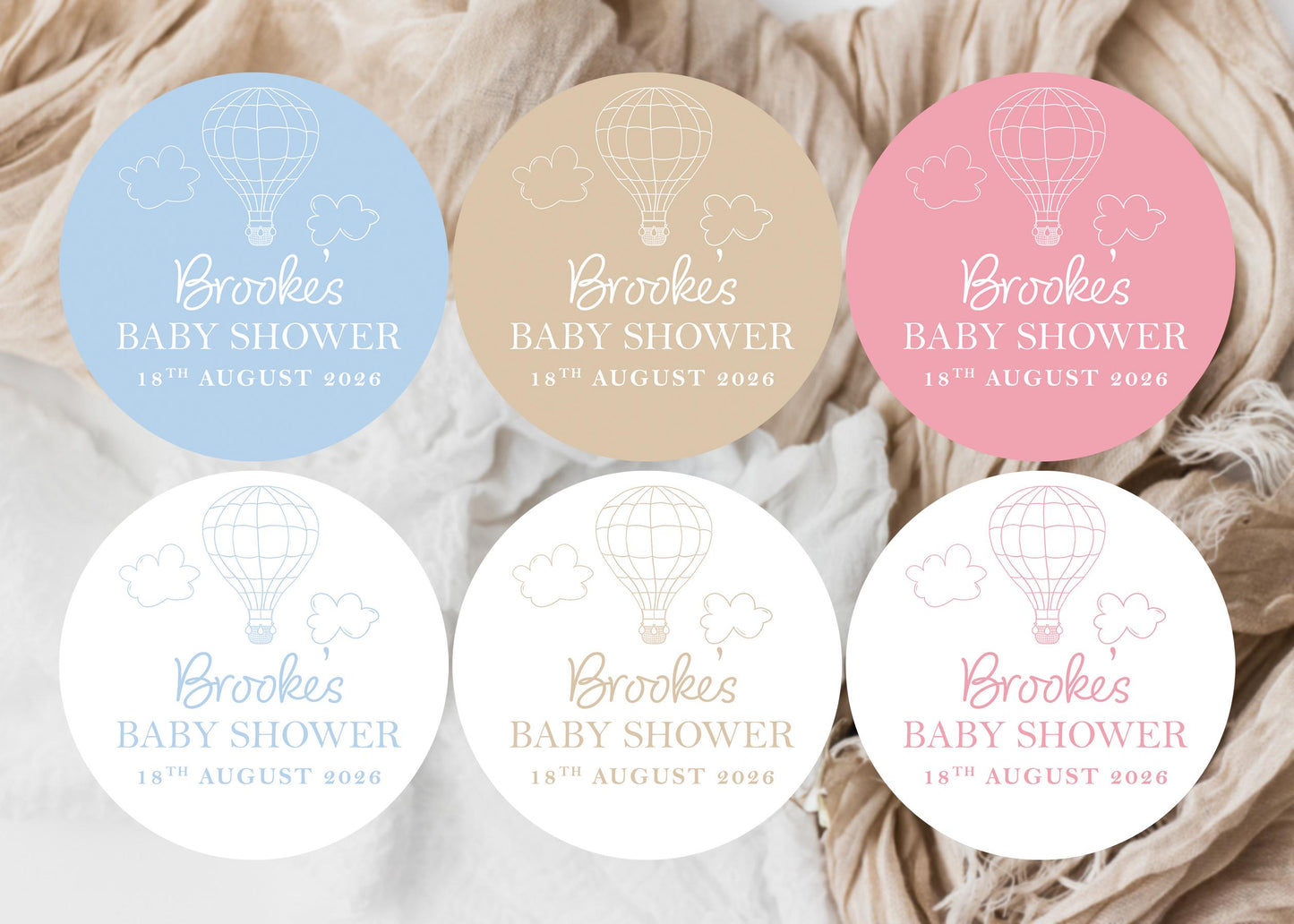 Neutral Hot Air Balloon Favour Stickers; Adventure Awaits, Baby Shower Girl Boy, up up and away