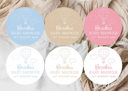 Neutral Hot Air Balloon Favour Stickers; Adventure Awaits, Baby Shower Girl Boy, up up and away