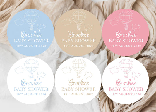 Neutral Hot Air Balloon Favour Stickers; Adventure Awaits, Baby Shower Girl Boy, up up and away