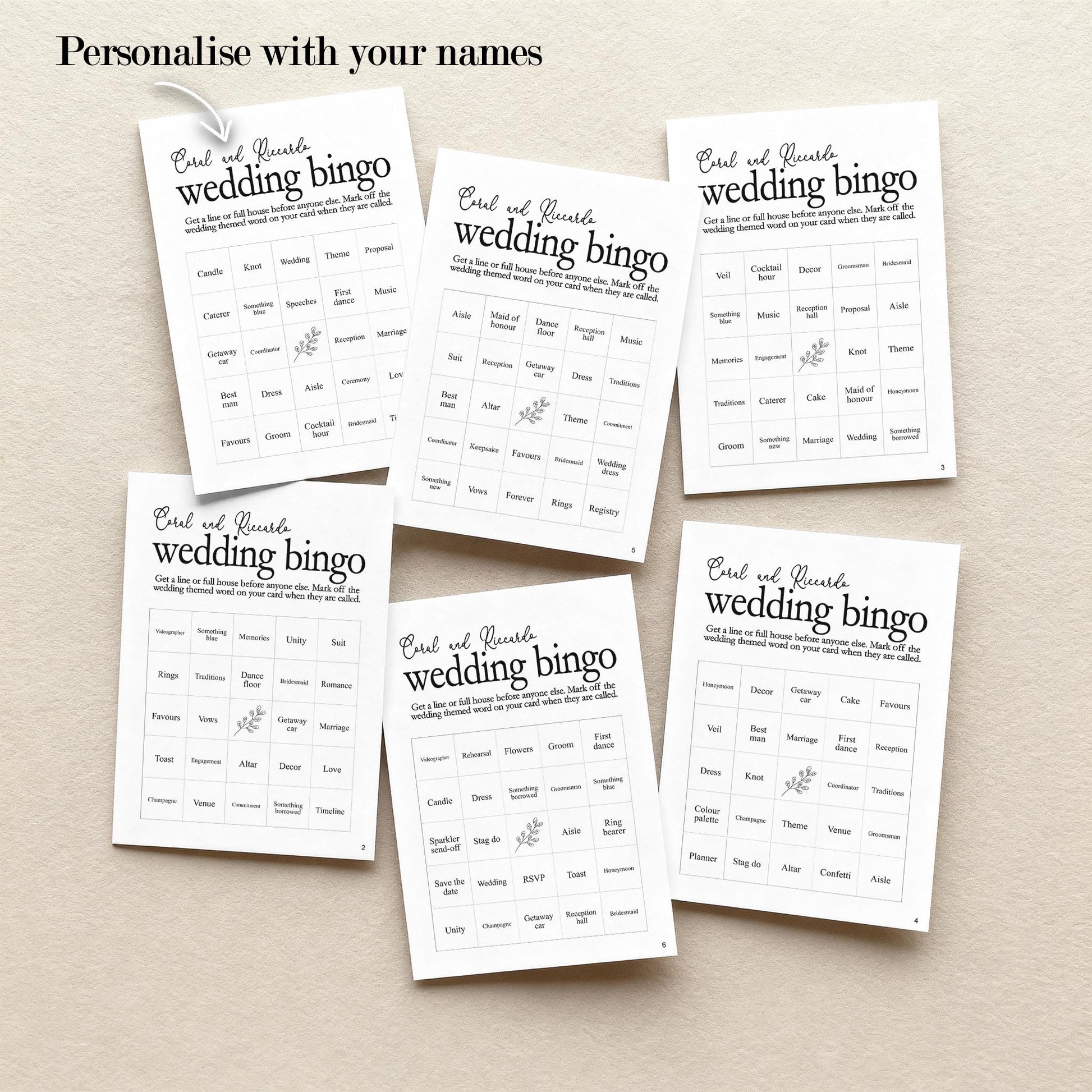 Wedding Bingo, Wedding Reception Game, Guest Bingo, Wedding Table, Bridal Bingo