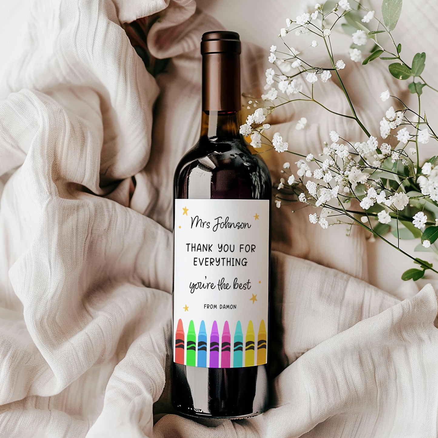 Teacher Wine Bottle Label; Personalised Thank You Gift, Sticker, Gift from Student
