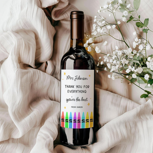 Teacher Wine Bottle Label; Personalised Thank You Gift, Sticker, Gift from Student