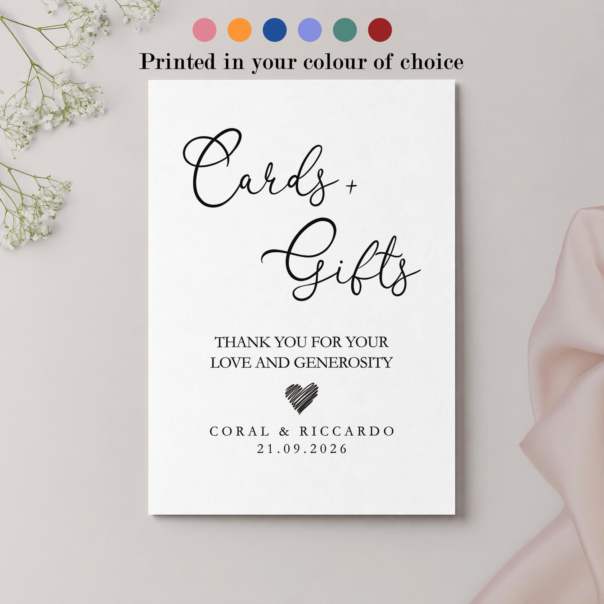 Personalised Cards and Gifts Wedding Table Sign, Signage, Custom Colour
