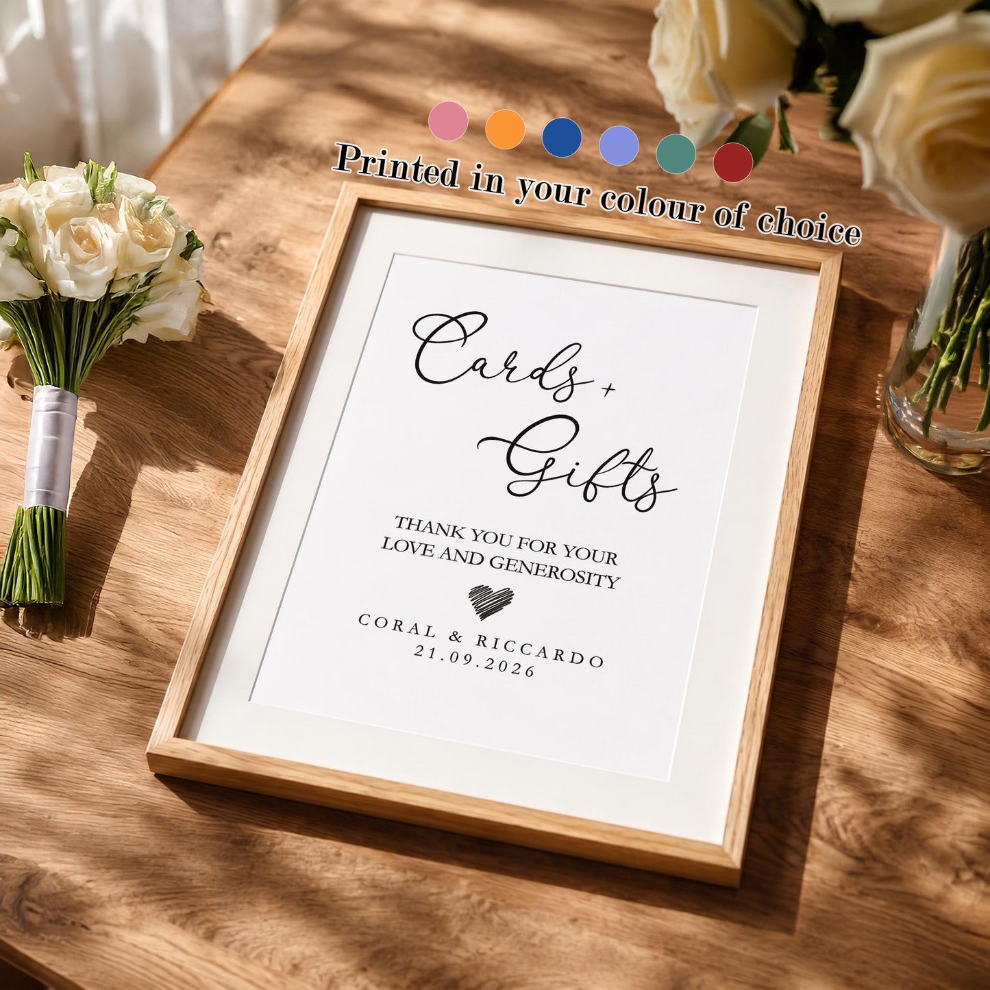 Personalised Cards and Gifts Wedding Table Sign, Signage, Custom Colour