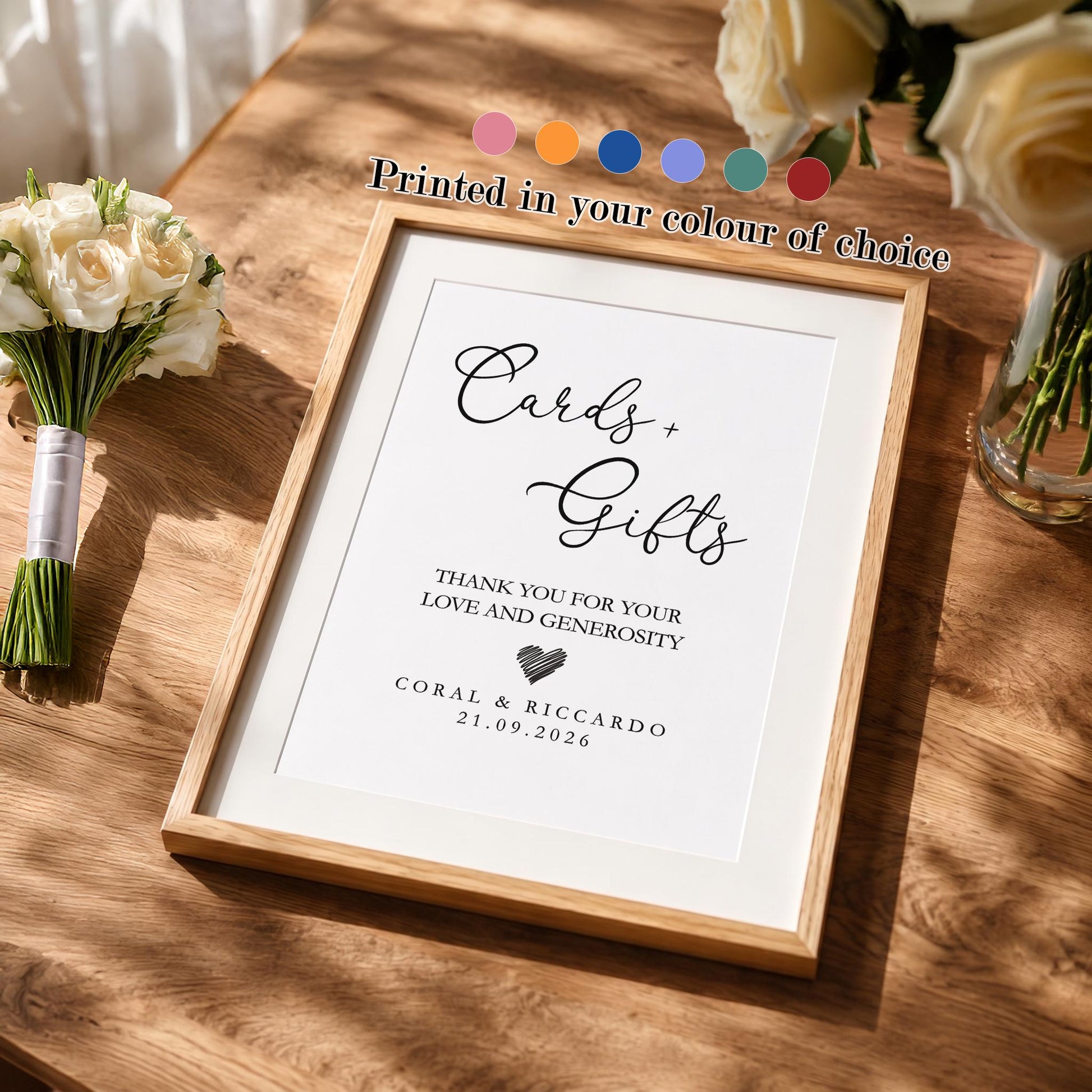 Personalised Cards and Gifts Wedding Table Sign, Signage, Custom Colour