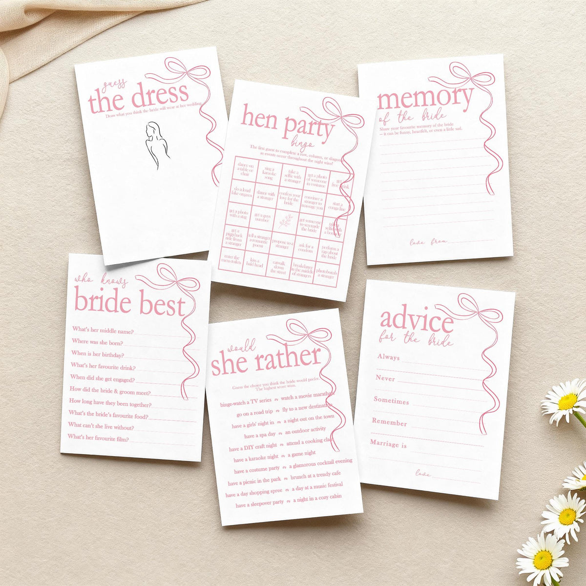 Hen do Party Games Bundle, Tie the Knot, Bridal Bingo, Advice, Guess the Dress, Would She Rather
