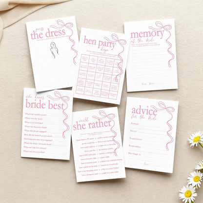 Hen do Party Games Bundle, Tie the Knot, Bridal Bingo, Advice, Guess the Dress, Would She Rather