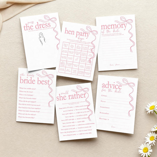 Hen do Party Games Bundle, Tie the Knot, Bridal Bingo, Advice, Guess the Dress, Would She Rather