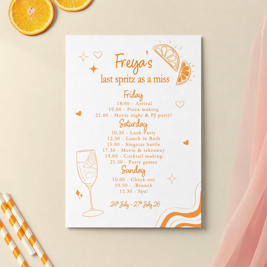 Hen Do Party Itinerary Poster: Bachelorette, Girls Weekend, Hen Goody Bag, Last Spritz as a miss