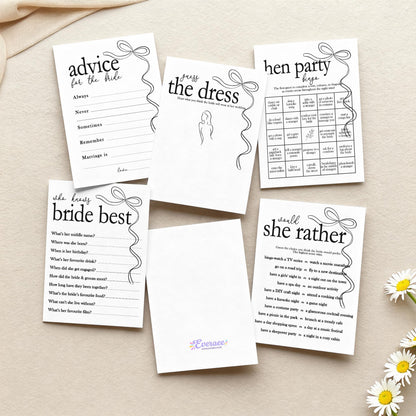Hen do Party Games Bundle, Tie the Knot, Bridal Bingo, Advice, Guess the Dress, Would She Rather