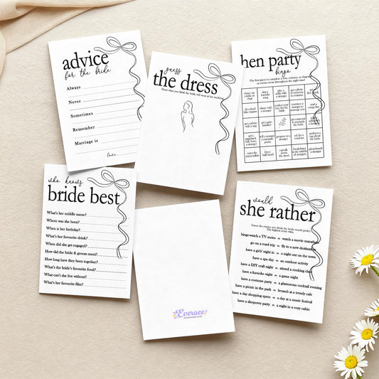 Hen do Party Games Bundle, Tie the Knot, Bridal Bingo, Advice, Guess the Dress, Would She Rather