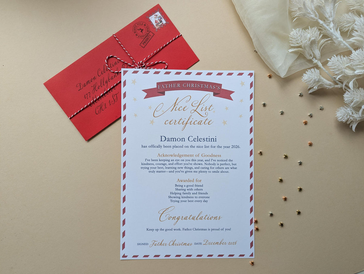 Personalised Letter From Father Christmas, Nice List Certificate, Kids Santa Letter, North Pole Mail