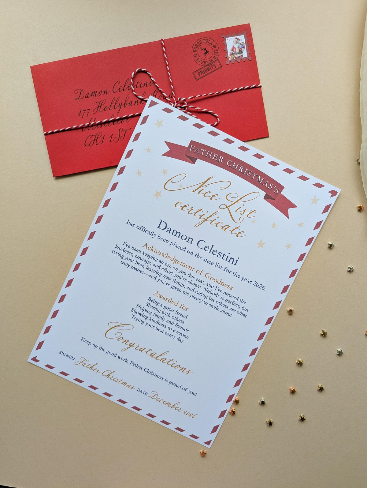 Personalised Letter From Father Christmas, Nice List Certificate, Kids Santa Letter, North Pole Mail
