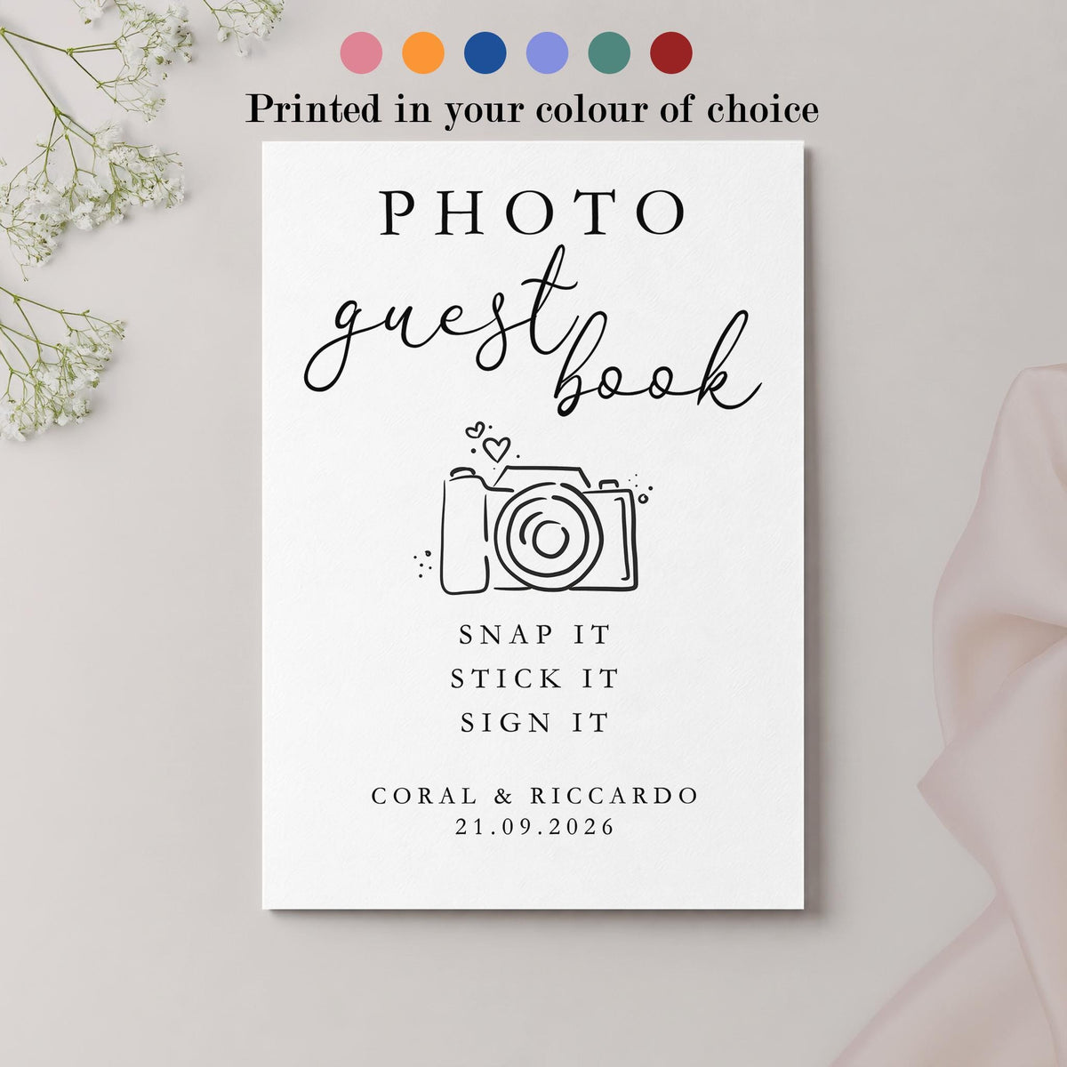 Personalised Photo Guest Book Wedding Table Sign, Signage, Custom Colour