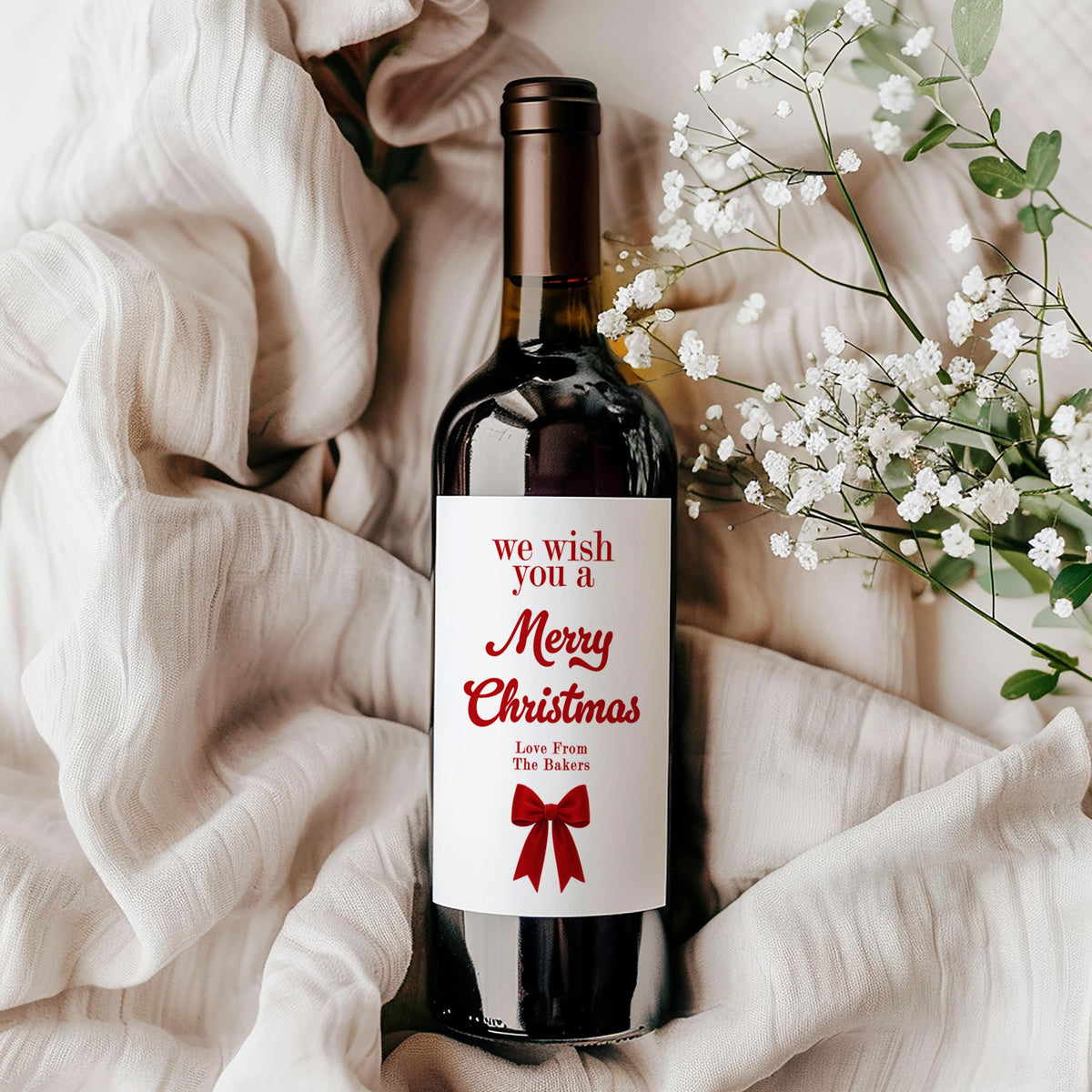 Christmas Wine Label Card, Merry Christmas, Bow Wine Label