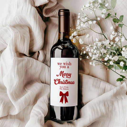 Christmas Wine Label Card, Merry Christmas, Bow Wine Label