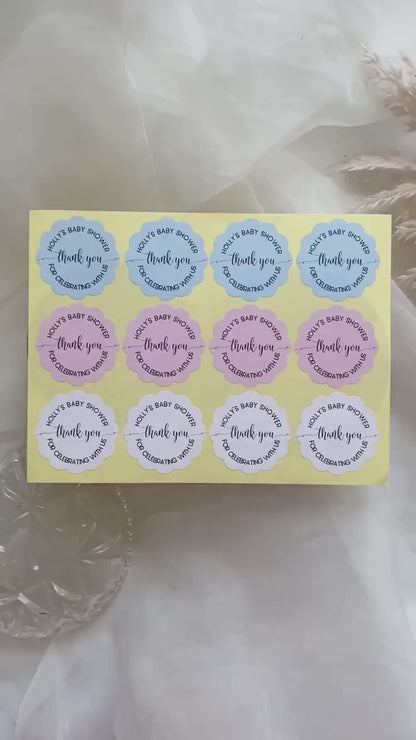 Personalised Scalloped Shape Stickers Blue, Baby Shower Boy Favour Stickers, Floral