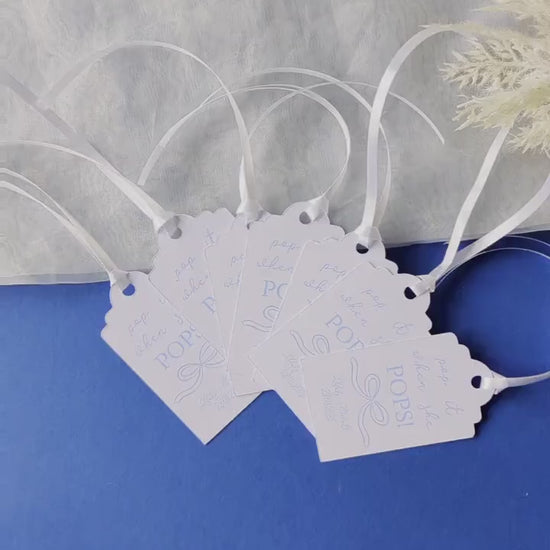 Baby Shower Bow Favour Tags, Baby Boy, Mum to Be, Ribbon, Pop it when she pops