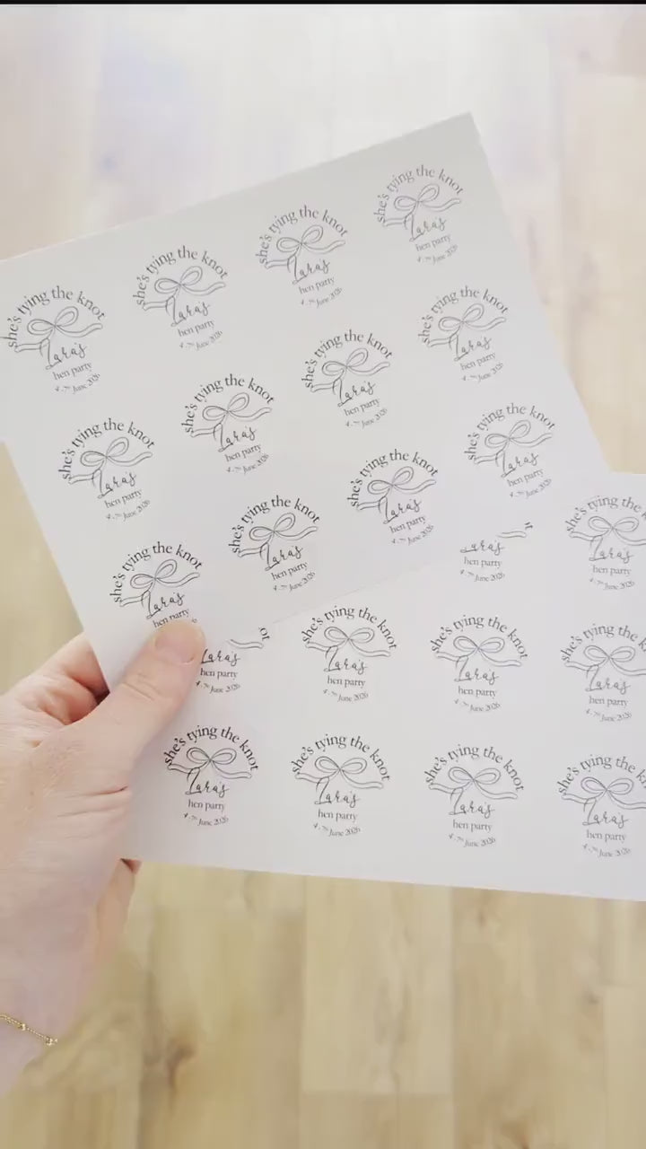 She's Tying The Knot Hen Party Stickers, Pink Ribbon, Bow Theme, Bridal Shower Favour Stickers