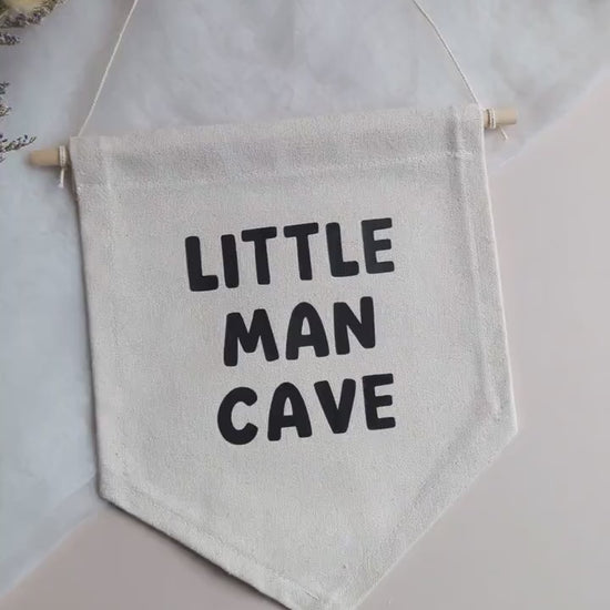 Little Man Cave Pennant Sign, Bedroom Wall Hanging, Playroom Canvas Banner, Gift for Him, Boy's Room