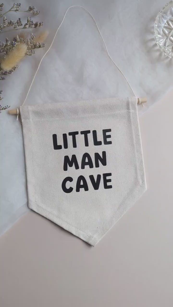 Little Man Cave Pennant Sign, Bedroom Wall Hanging, Playroom Canvas Banner, Gift for Him, Boy's Room